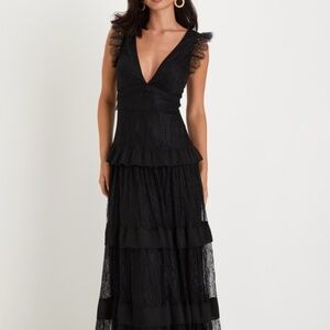 Lulus Marvelous Darling Black Lace Ruffled Tiered Maxi Dress - Size L